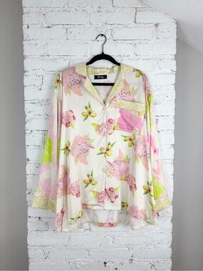 Cravings Chrissy Teigen Spill The Tea Button Down Silky Pajama Blouse 4 L XL